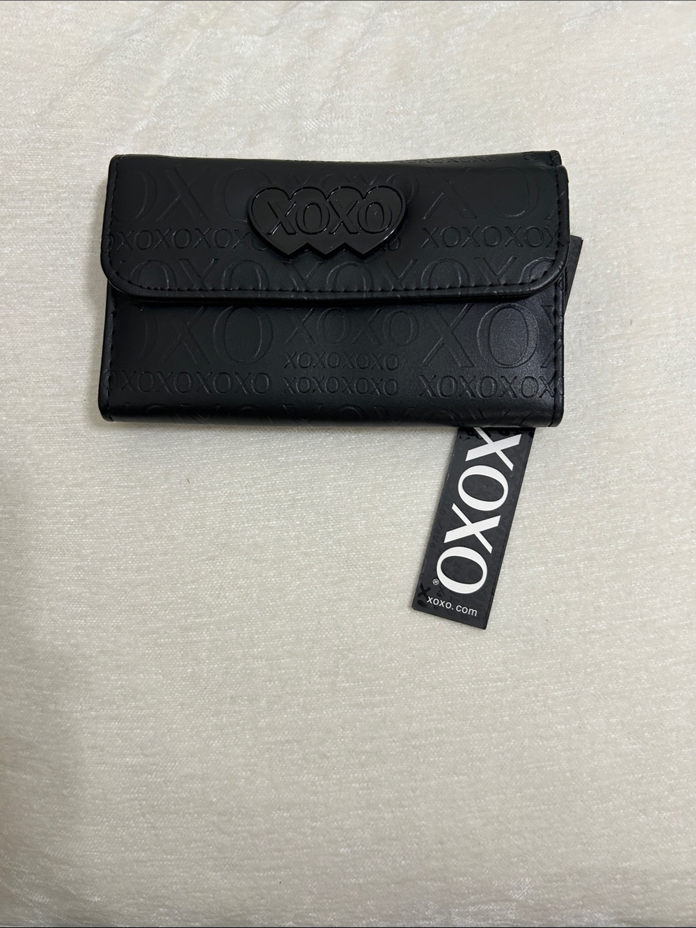 XOXO Black Embossed Trifold Wallet with Heart Logo